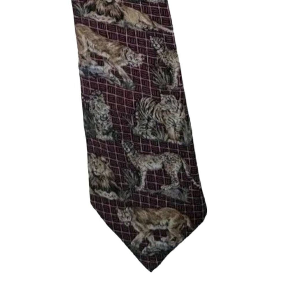 World Wildlife Fund Lion Tie 1995 Maroon Lion #269 Silk Neck Tie WWF Vintage